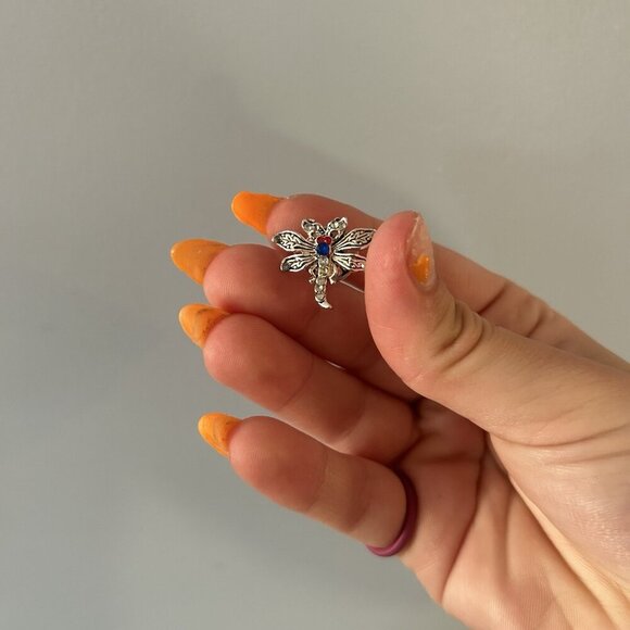 Silver Blue Red Dragonfly Pin Jewels Lapel Small Collector Jewelry Vintage - Picture 4 of 6